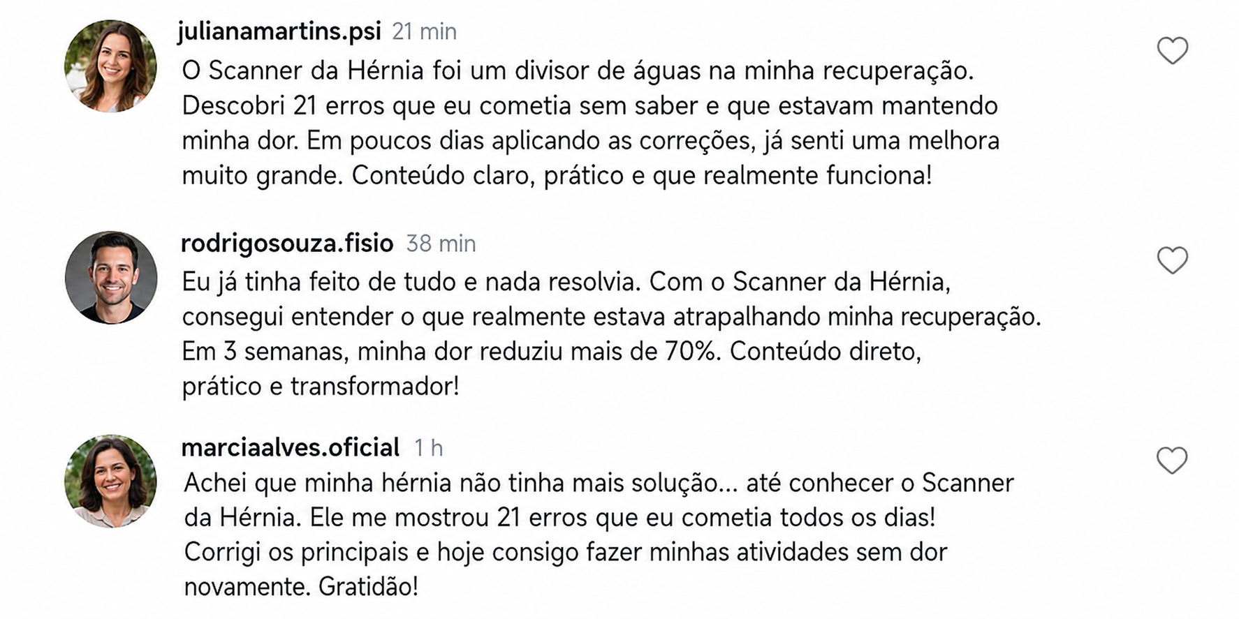 Depoimentos de pacientes sobre o Scanner da Hérnia compartilhados em comentários